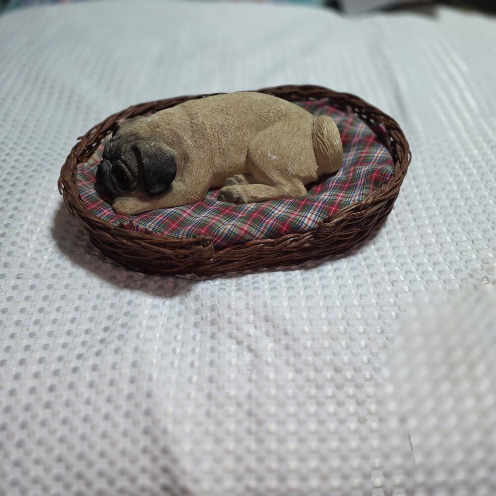 SANDICAST PUG PUPPY SCULPTURE IN BED